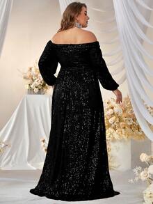 YISIKADO Plus Off Shoulder Lantern Sleeve Belted Sequin Formal Dress - Black - View 2