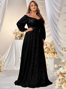 YISIKADO Plus Off Shoulder Lantern Sleeve Belted Sequin Formal Dress - Black - View 3