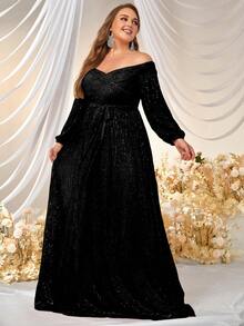 YISIKADO Plus Off Shoulder Lantern Sleeve Belted Sequin Formal Dress - Black - View 4