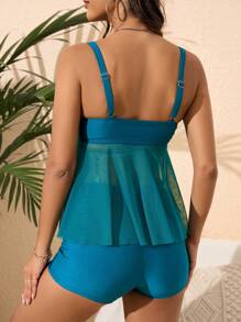 SHEIN Maternity Drawstring Front Tankini Set, Maternity Bathing Suit Summer Beach - Teal Blue - View 2