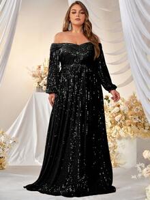 YISIKADO Plus Off Shoulder Lantern Sleeve Belted Sequin Formal Dress - Black - View 5
