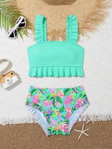 SHEIN Conjunto de bikini con estampado tropical y ribete de volantes para niña preadolescente, para verano y playa