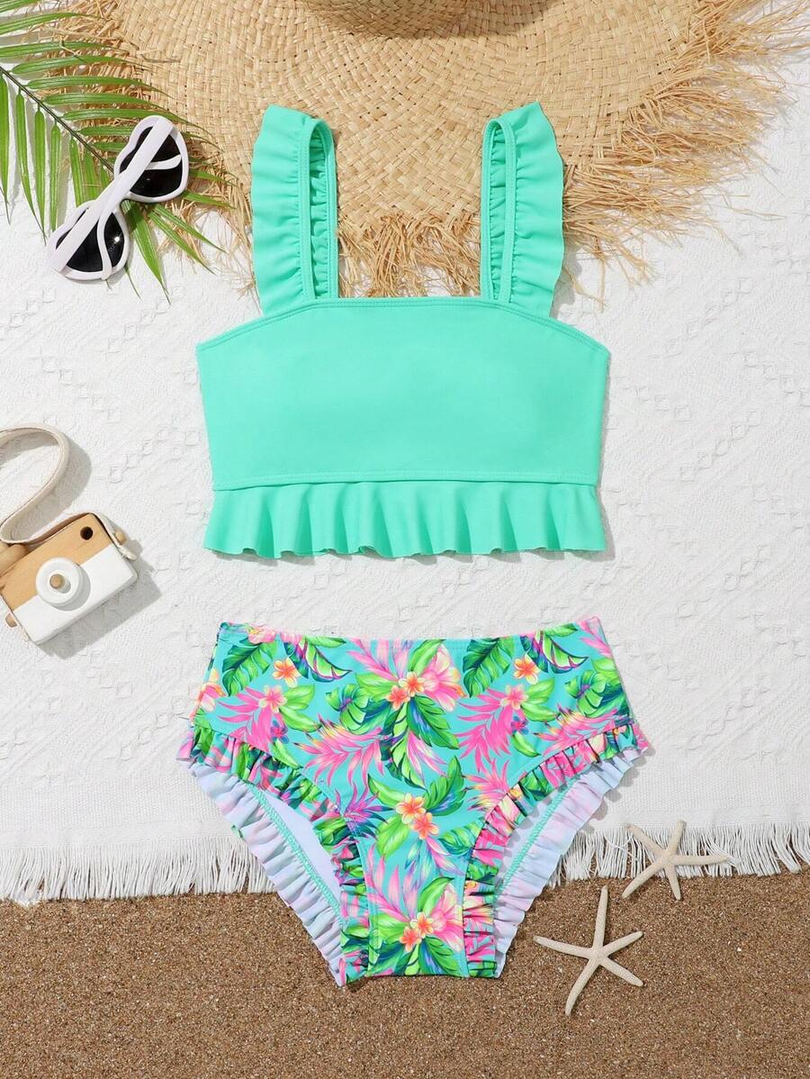 SHEIN Conjunto de bikini con estampado tropical y ribete de volantes para niña preadolescente, para verano y playa