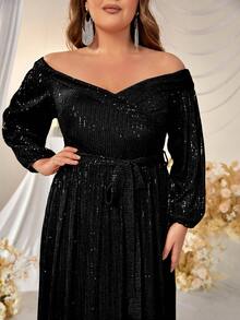YISIKADO Plus Off Shoulder Lantern Sleeve Belted Sequin Formal Dress - Black - View 6