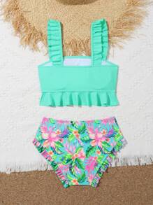 SHEIN Conjunto de bikini con estampado tropical y ribete de volantes para niña preadolescente, para verano y playa