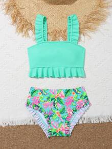 SHEIN Conjunto de bikini con estampado tropical y ribete de volantes para niña preadolescente, para verano y playa