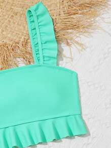 SHEIN Conjunto de bikini con estampado tropical y ribete de volantes para niña preadolescente, para verano y playa