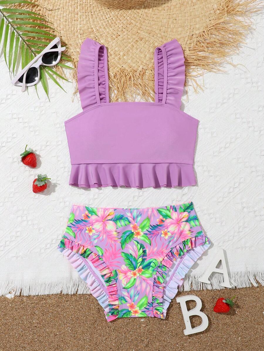 SHEIN Tween Girl Tropical Print Ruffle Trim Bikini Set Summer Beach - Purple - View 1