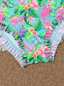 SHEIN Conjunto de bikini con estampado tropical y ribete de volantes para niña preadolescente, para verano y playa