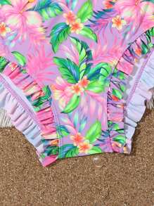 SHEIN Tween Girl Tropical Print Ruffle Trim Bikini Set Summer Beach - Purple - View 5