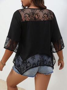 SHEIN LUNE Kontrast Spets Asymmetrisk Spets Upp Enkel Enkel Plus Size Topp - Svart - Visa 2