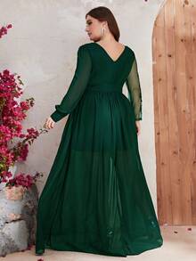 YISIKADO 大碼刺繡高衩腰帶雪紡連衣裙 - 墨綠色 - 查看 2