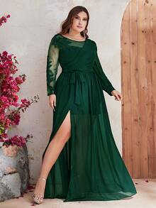 YISIKADO 大碼刺繡高衩腰帶雪紡連衣裙 - 墨綠色 - 查看 3