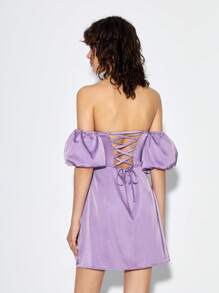 Soscia Đầm Lộ Lưng Ren lên Dây kéo Chi tiết cốc màu trơn Thanh lịch - Màu Lilac Tím - Xem 2