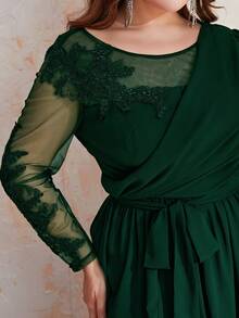 YISIKADO 大碼刺繡高衩腰帶雪紡連衣裙 - 墨綠色 - 查看 5