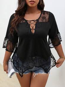 SHEIN LUNE Kontrast Spets Asymmetrisk Spets Upp Enkel Enkel Plus Size Topp - Svart - Visa 6