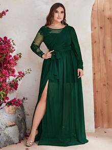 YISIKADO 大碼刺繡高衩腰帶雪紡連衣裙 - 墨綠色 - 查看 6