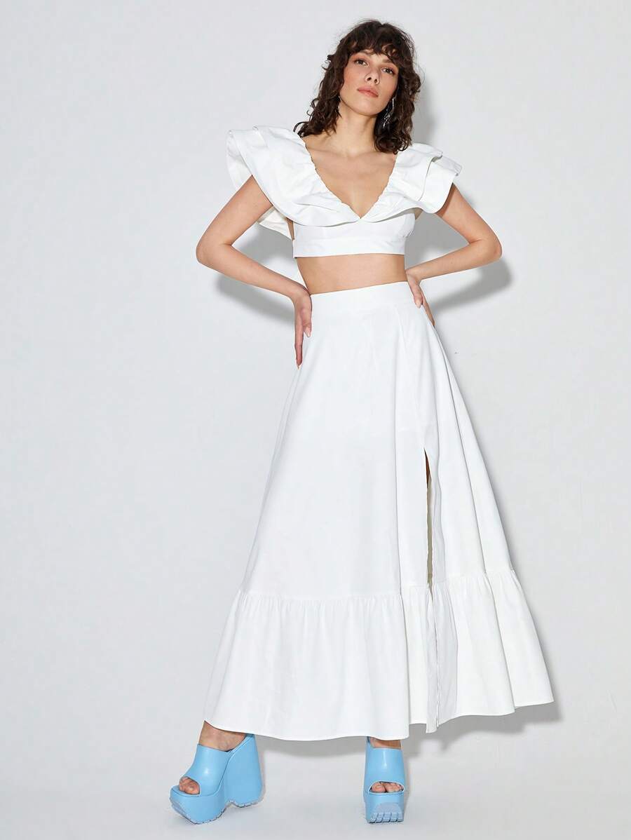 Taranthola con bordo a volant Top corto & a fessura alta Gonne - Bianco - Visualizzare 1