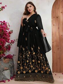 YISIKADO Váy tay xẻ thêu hoa vàng cỡ lớn có thắt lưng - màu đen - Xem 3