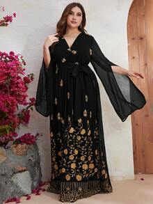 YISIKADO Váy tay xẻ thêu hoa vàng cỡ lớn có thắt lưng - màu đen - Xem 6