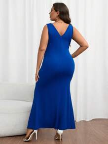 SHEIN Privé Plus Ruched Split Thigh Dress - Royal Blue - View 2
