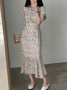 Vestido con estampado de manga farol bajo con fruncido - Albaricoque - Ver 1