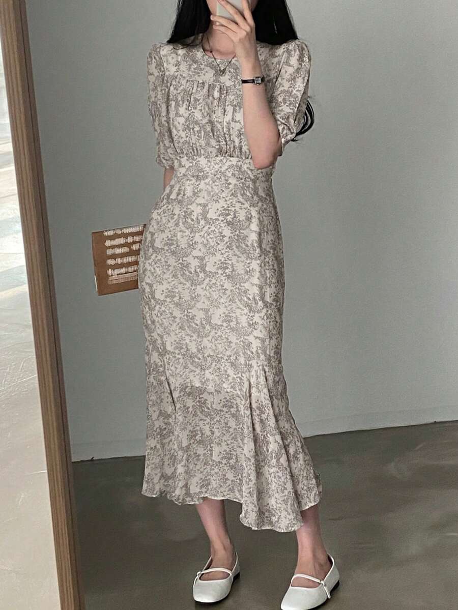 Vestido con estampado de manga farol bajo con fruncido - Albaricoque - Ver 1