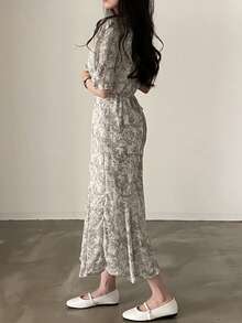 Vestido con estampado de manga farol bajo con fruncido - Albaricoque - Ver 2