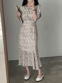 Vestido con estampado de manga farol bajo con fruncido - Albaricoque - Ver 3