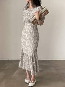 Vestido con estampado de manga farol bajo con fruncido - Albaricoque - Ver 4