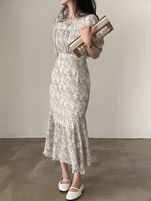 Vestido con estampado de manga farol bajo con fruncido - Albaricoque - Ver 5