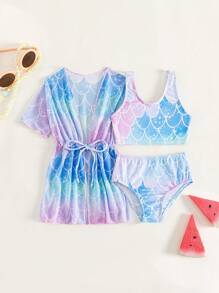 女婴鱼鳞印花沙滩装和服夏季海滩 - 彩色 - 查看 1