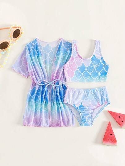 女婴鱼鳞印花沙滩装和服夏季海滩