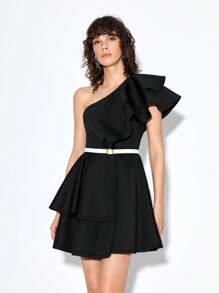 Chiara One Shoulder Ruffle Trim Dress Without Belt - Black - View 1