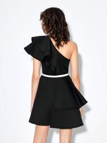 Chiara One Shoulder Ruffle Trim Dress Without Belt - Black - View 2