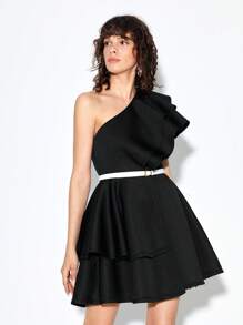 Chiara One Shoulder Ruffle Trim Dress Without Belt - Black - View 3