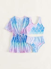 女婴鱼鳞印花沙滩装和服夏季海滩 - 彩色 - 查看 5