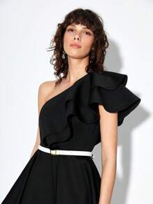 Chiara One Shoulder Ruffle Trim Dress Without Belt - Black - View 4