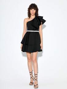 Chiara One Shoulder Ruffle Trim Dress Without Belt - Black - View 5