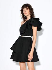 Chiara One Shoulder Ruffle Trim Dress Without Belt - Black - View 6