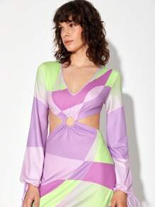 Ishaarah 撞色環鏈腰部鏤空連衣裙 - 彩色 - 查看 4