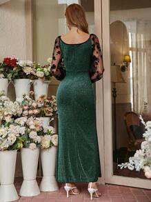 Modelyn Đầm Đề can Tương phản Mesh Thiên hà Buổi tiệc - Màu xanh lá cây đậm - Xem 2