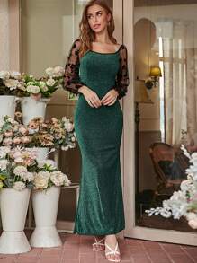 Modelyn Đầm Đề can Tương phản Mesh Thiên hà Buổi tiệc - Màu xanh lá cây đậm - Xem 4