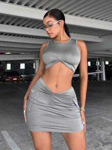 SHEIN SXY Bộ đồ hai mảnh nữ Xù xoắn lại màu trơn Giải trí - Xám - Xem 5