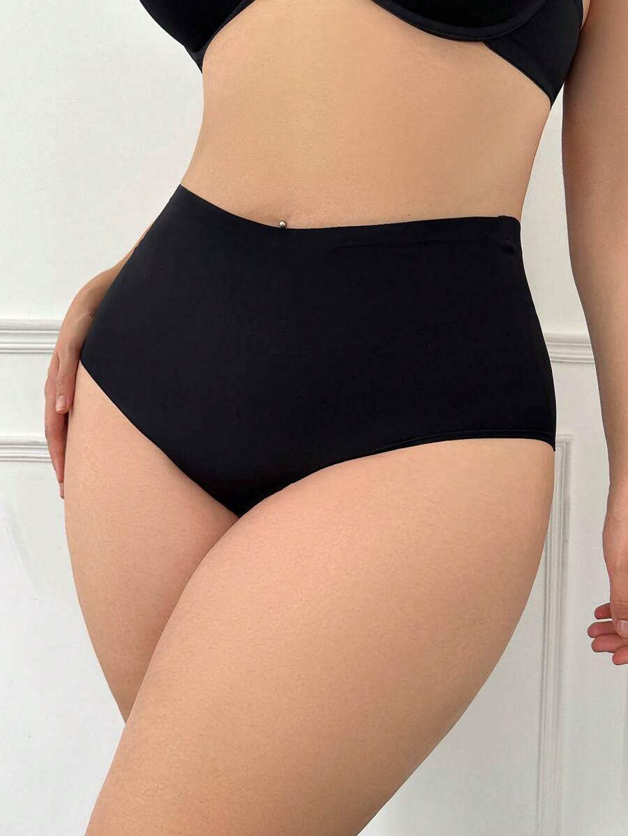 Women's Plus Size Black High Waisted Casual Comfy Panties With High Stretch Knitted Fabric - Black - View 1