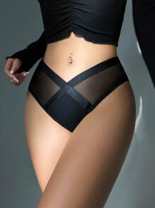 Women's Casual High Stretch Black Sheer Contrast Mesh Knitted Fabric Briefs