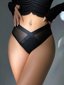Women's Casual High Stretch Black Sheer Contrast Mesh Knitted Fabric Briefs