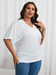 SHEIN Essnce Plus Solid Batwing Sleeve Ruched Side Tee - White - View 4