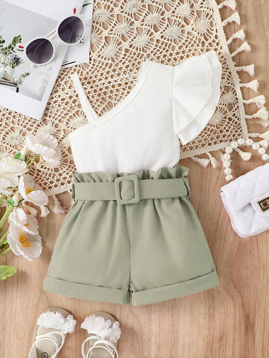 Conjunto De Blusa De Manga Corta Para Bebé Con Cuello Asimétrico Y Volantes Con Pantalones Cortos Con Cintura De Papel Para Niña - Multicolor - Ver 1