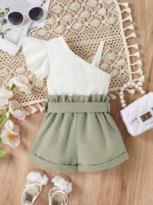 Conjunto De Blusa De Manga Corta Para Bebé Con Cuello Asimétrico Y Volantes Con Pantalones Cortos Con Cintura De Papel Para Niña - Multicolor - Ver 2